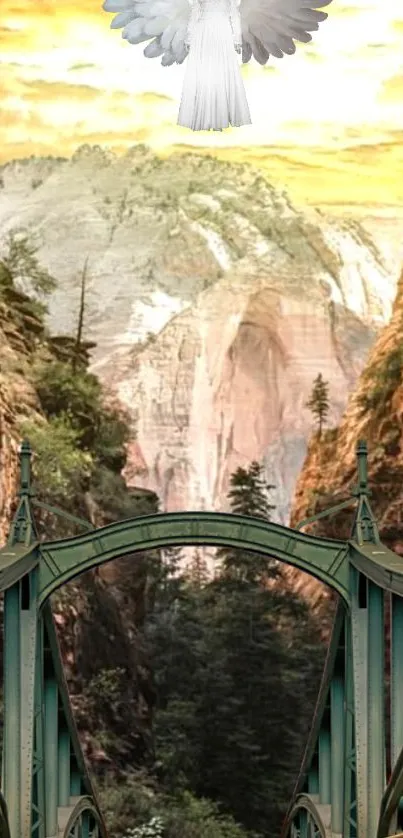 Scenic bridge and dove under golden sky.