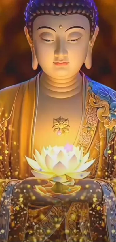 Serene Buddha holding a glowing lotus flower.