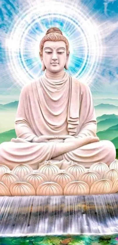 Serene Buddha statue in a tranquil, nature-inspired mobile wallpaper.