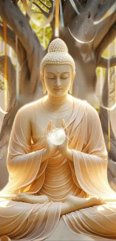 Buddha meditating under a tree with glowing orb.