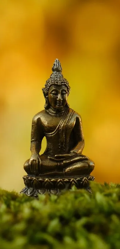 Buddha statue on moss with blurry golden bokeh background.