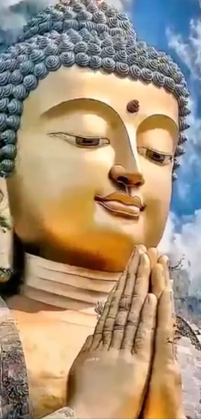 Peaceful Buddha statue against a vibrant sky with prayer hands.