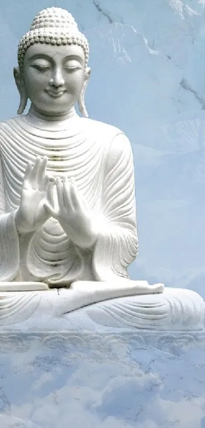 Buddha statue with serene cloudy sky background.