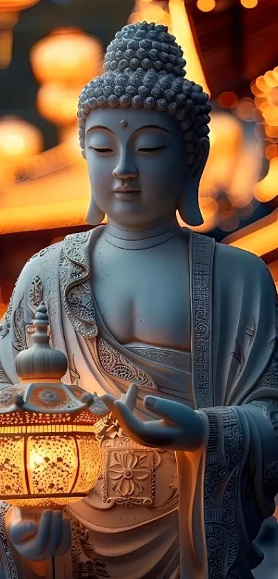 Serene Buddha statue illuminated by warm orange lights.
