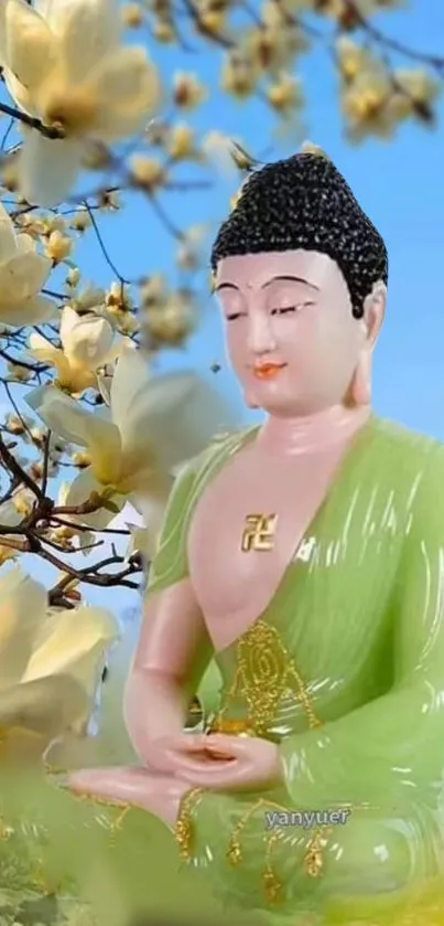 A peaceful Buddha statue with magnolia flowers against a blue sky.