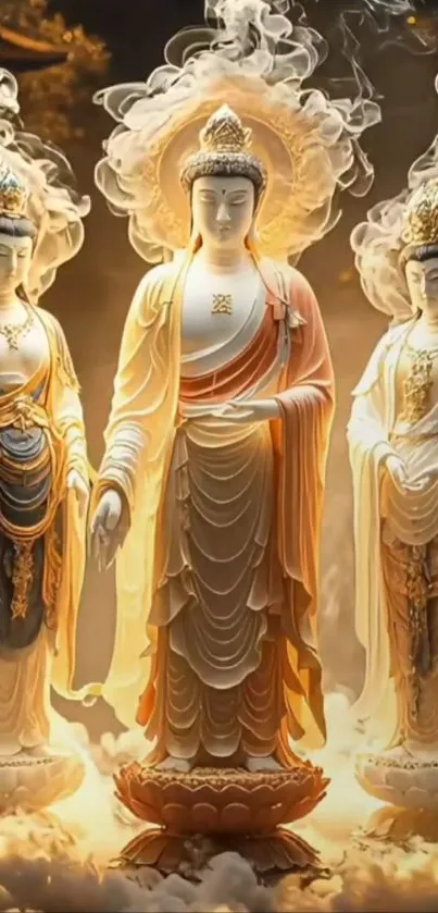 Trio of serene Buddha statues with ethereal aura.