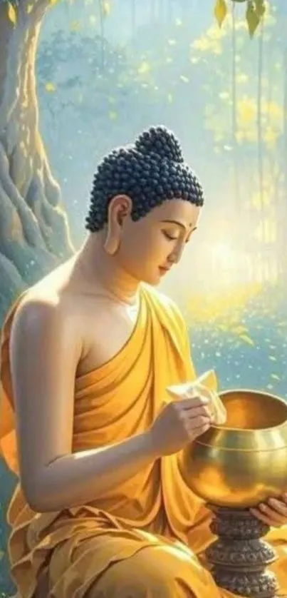 Buddha meditating under a tree in serene nature setting.