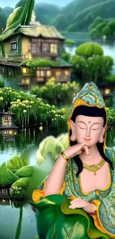 Buddha statue with green garden and water landscape.