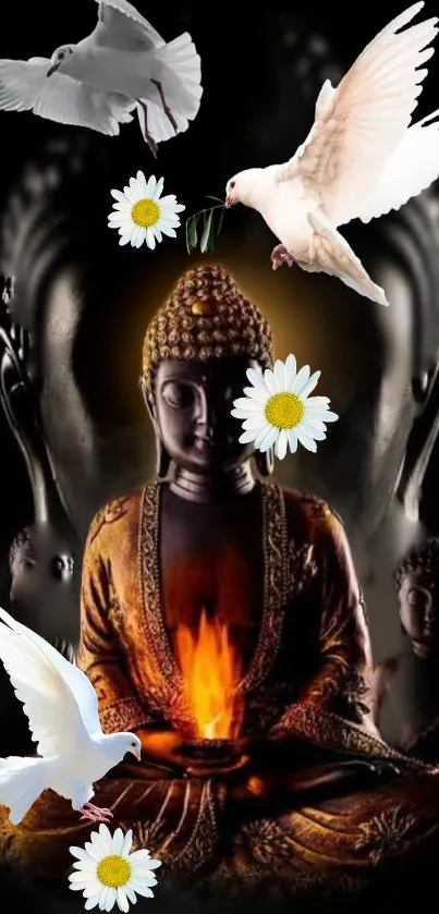 Serene Buddha with doves and flowers on a dark background.