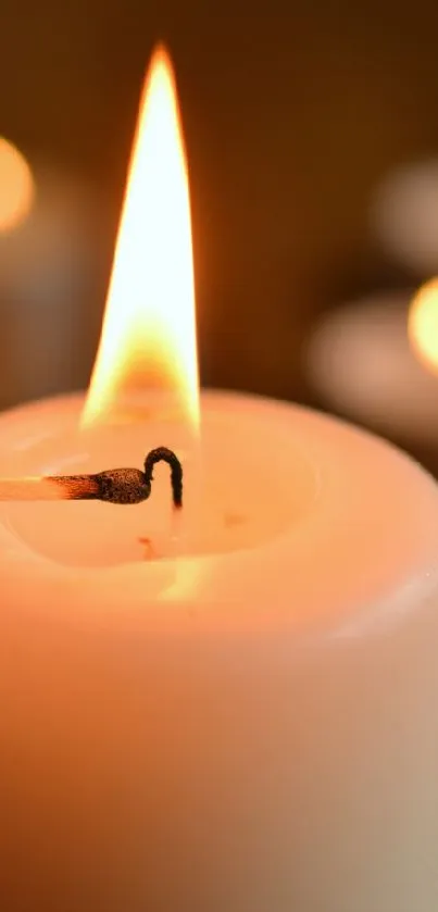 A close-up view of a lit candle with a warm, glowing flame.