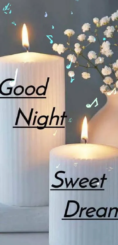 Candlelit scene with good night and sweet dream text.