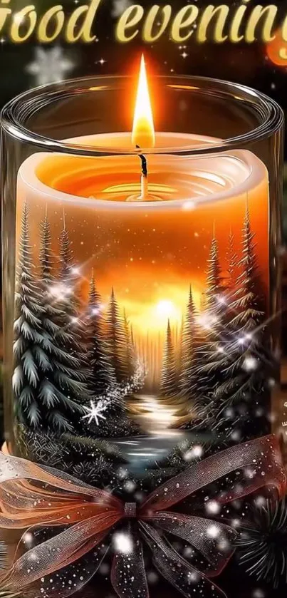 Candle in a glass jar with winter forest design and 'Good evening' text.