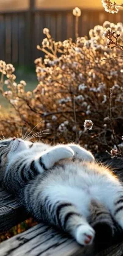 Tabby cat resting on a bench with autumn flowers.