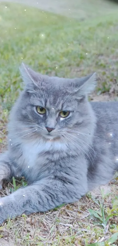 Fluffy gray cat lying on green grass.