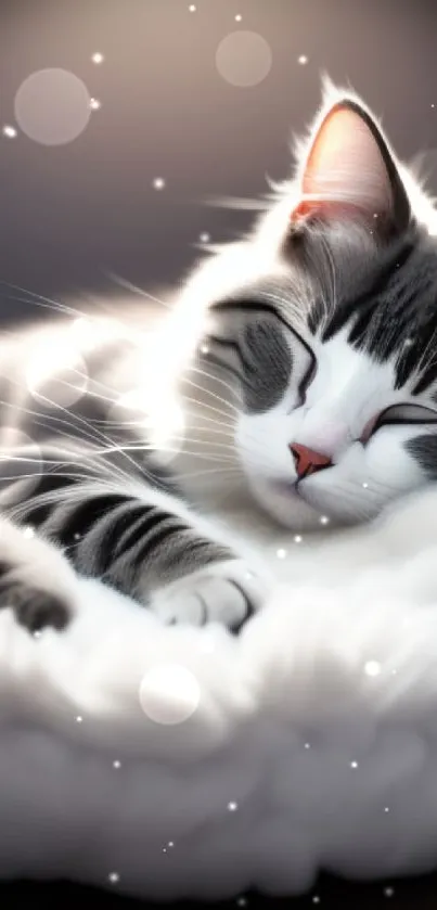 A peaceful cat sleeping on a fluffy white cushion, exuding calm and serenity.