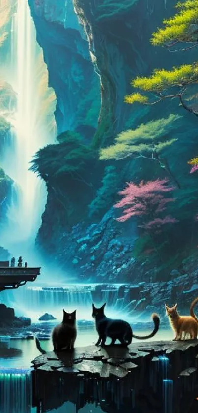 Cats sit by a vibrant waterfall in a lush, colorful landscape painting.