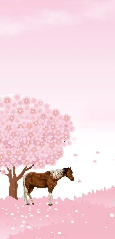 Mobile wallpaper of a horse under a cherry blossom tree in a pink landscape.