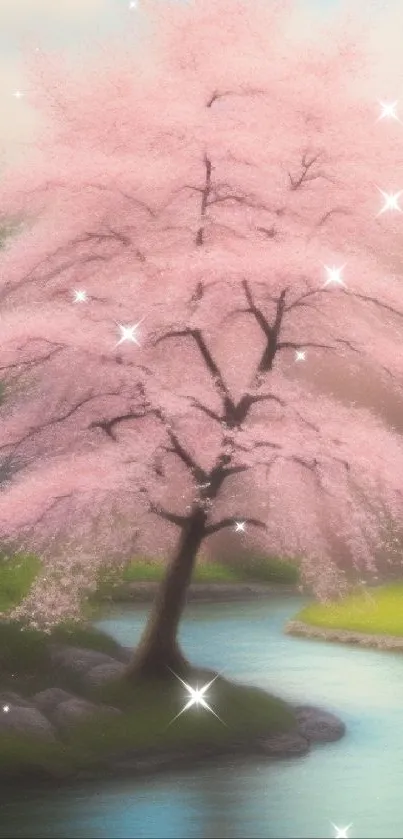 Tranquil cherry blossom tree by a gentle stream under soft sunlight.