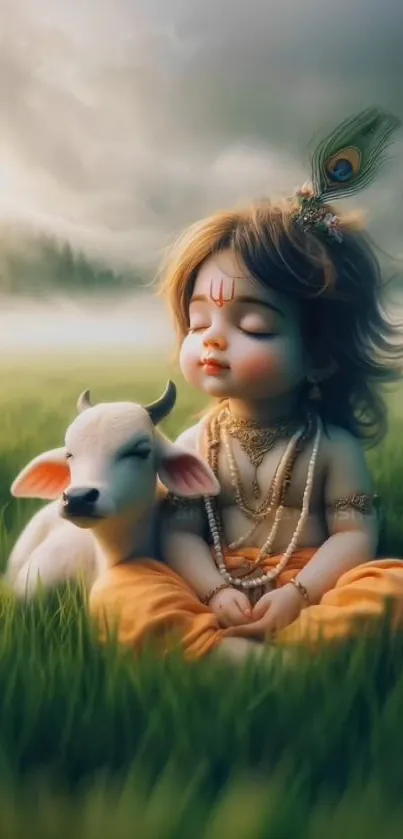 Peaceful child with a calf in nature setting.