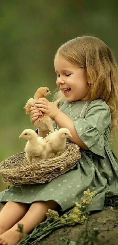 Little girl with chicks in a nest against a lush green background.