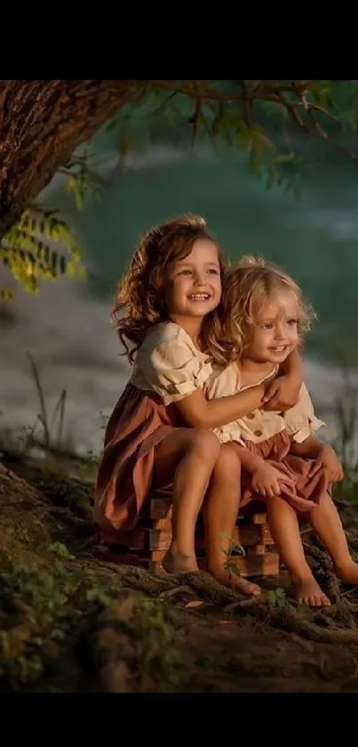 Two children sitting under a tree, creating a peaceful nature scene.