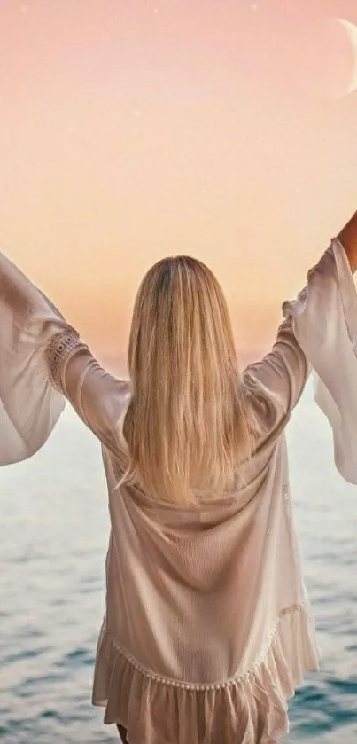 Woman embracing a serene sunset over the ocean in a peaceful coastal scene.