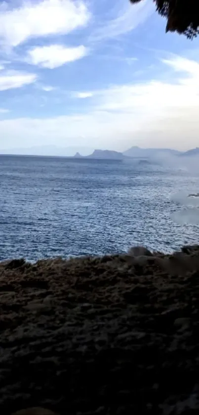Serene coastal view with blue ocean and distant horizon under a cloudy sky.