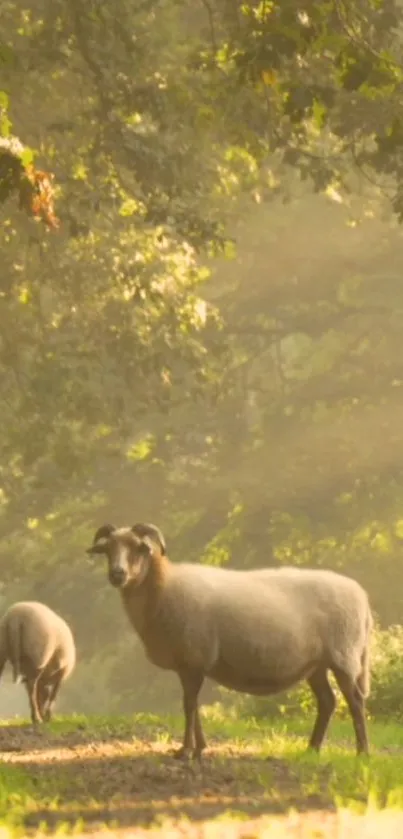 Two sheep in a sunlit rural path with leafy trees.