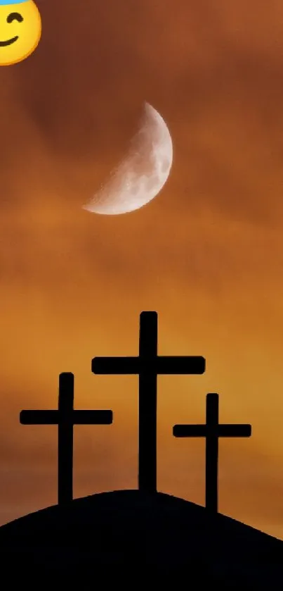 Silhouette of three crosses at sunset with a serene sky backdrop.