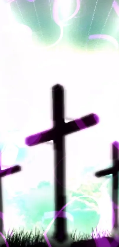 Three crosses silhouette on a bright, serene sky background.