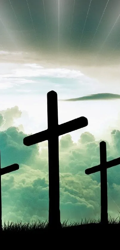 Peaceful wallpaper with three crosses on a horizon, symbolizing spirituality.