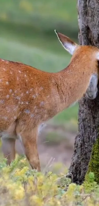 Deer peacefully resting by a tree in a lush green forest scene.