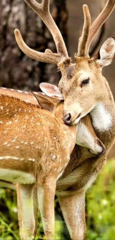 A serene deer standing in a lush forest setting, surrounded by greenery.