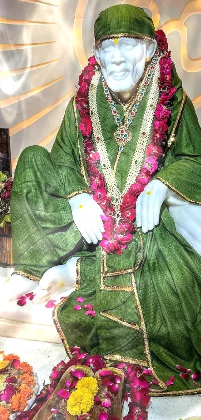 Deity in green robes surrounded by flowers.