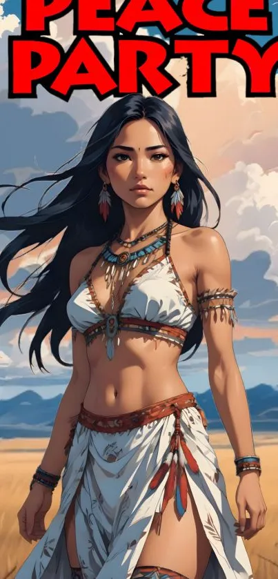 Tribal themed wallpaper with elegant female figure