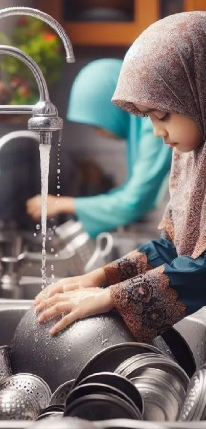 Young girl washing dishes at kitchen sink.