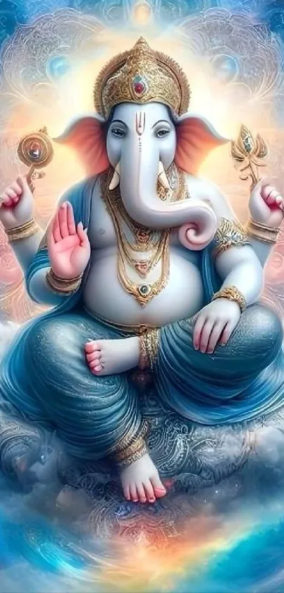 Divine elephant god with blue and gold accents on a mystical mobile wallpaper.