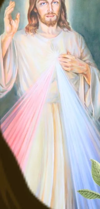 Holy figure with radiant light beams.