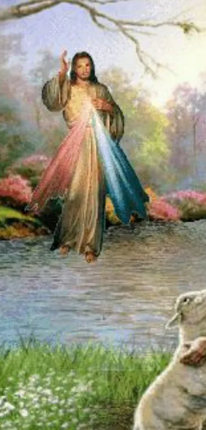 Divine figure by a tranquil riverside with nature.