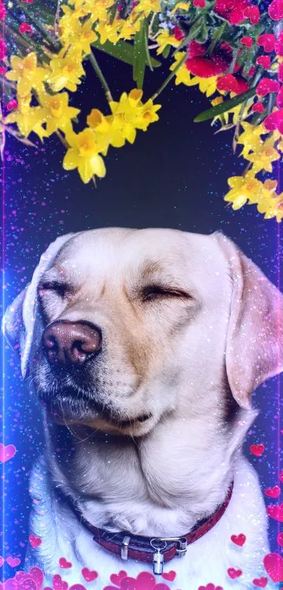 Serene Labrador surrounded by vibrant flowers on a mobile wallpaper.