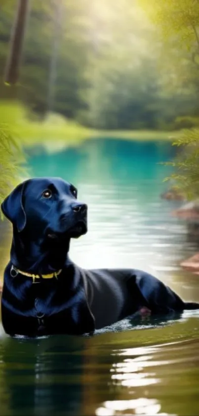 Black Labrador in a serene forest stream.