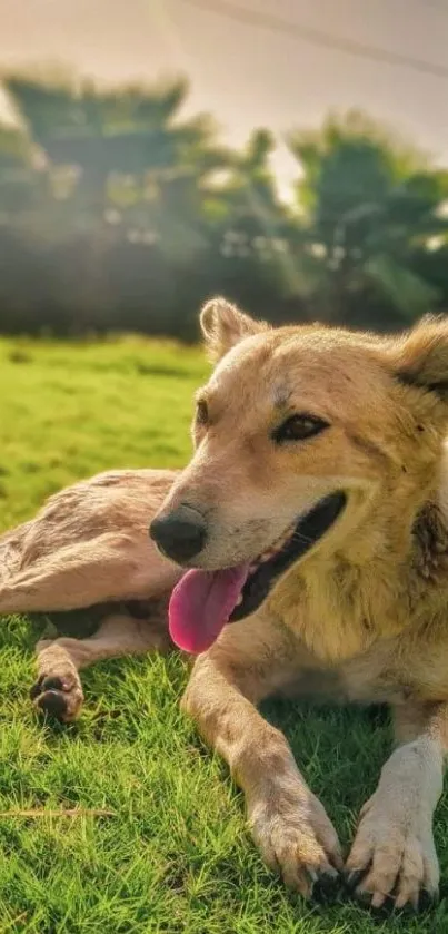 Dog lying on green grass under sunlight.