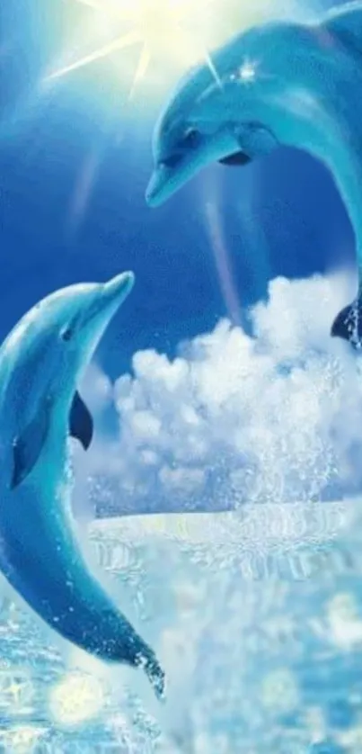 Two dolphins leaping in a bright ocean scene wallpaper.