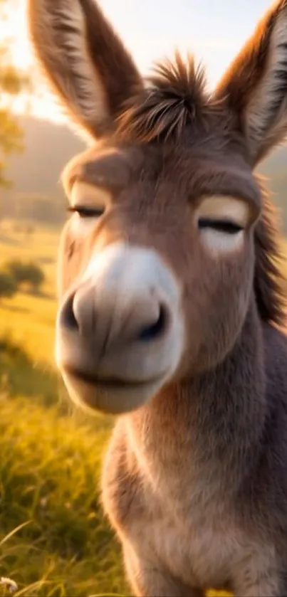 A serene donkey relaxing in a sunlit meadow, eyes closed.