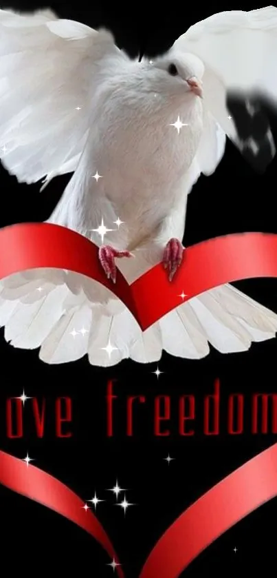 White dove with red heart ribbon on black background.