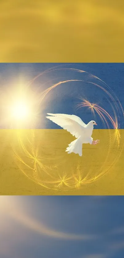 White dove on blue and yellow flag with golden sunburst.