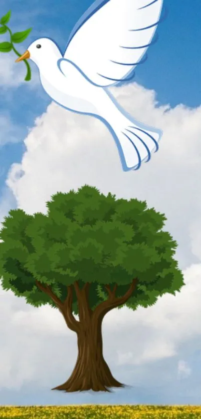 Dove flies over tree, blue sky backdrop.