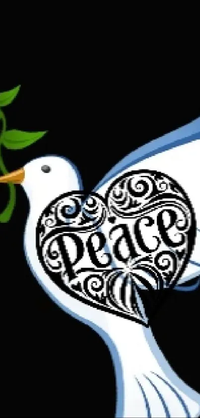 White dove with olive branch and heart on a black background wallpaper.