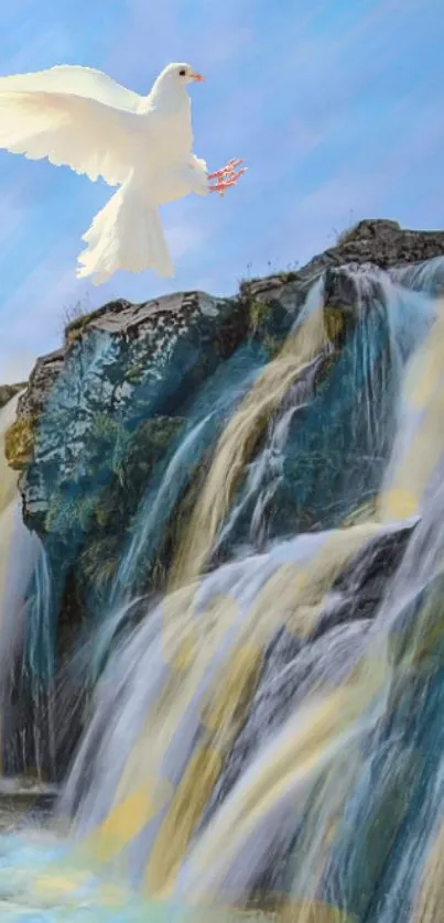 White dove flying over a majestic waterfall with blue sky background.