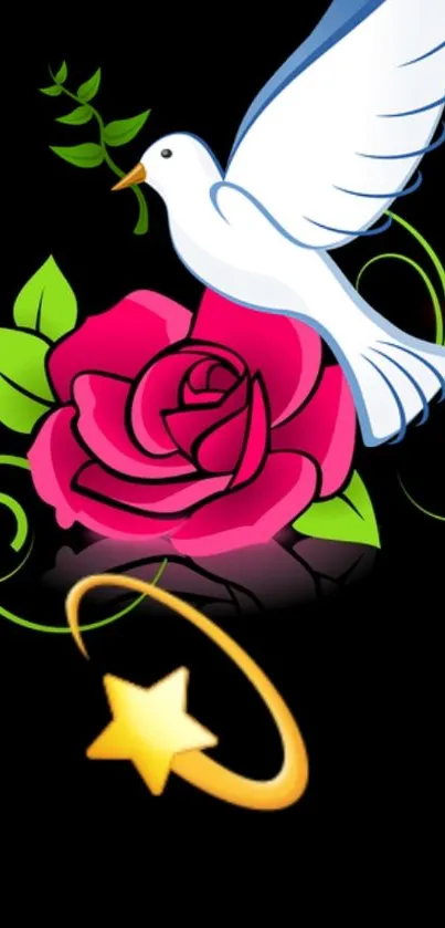 White dove with rose and star on black background mobile wallpaper.